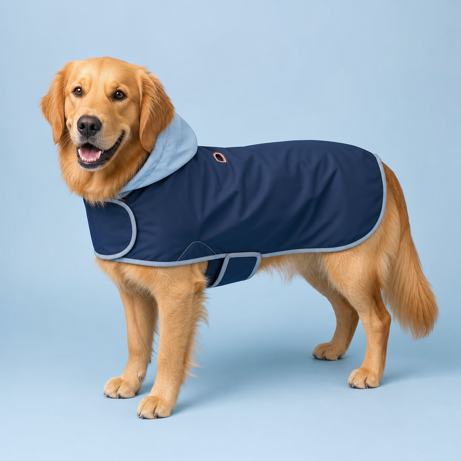 金毛犬穿深蓝色防水宠物雨衣