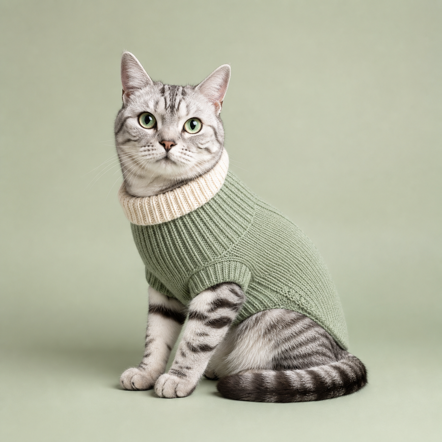 银色虎斑猫穿鼠尾草绿色针织宠物毛衣